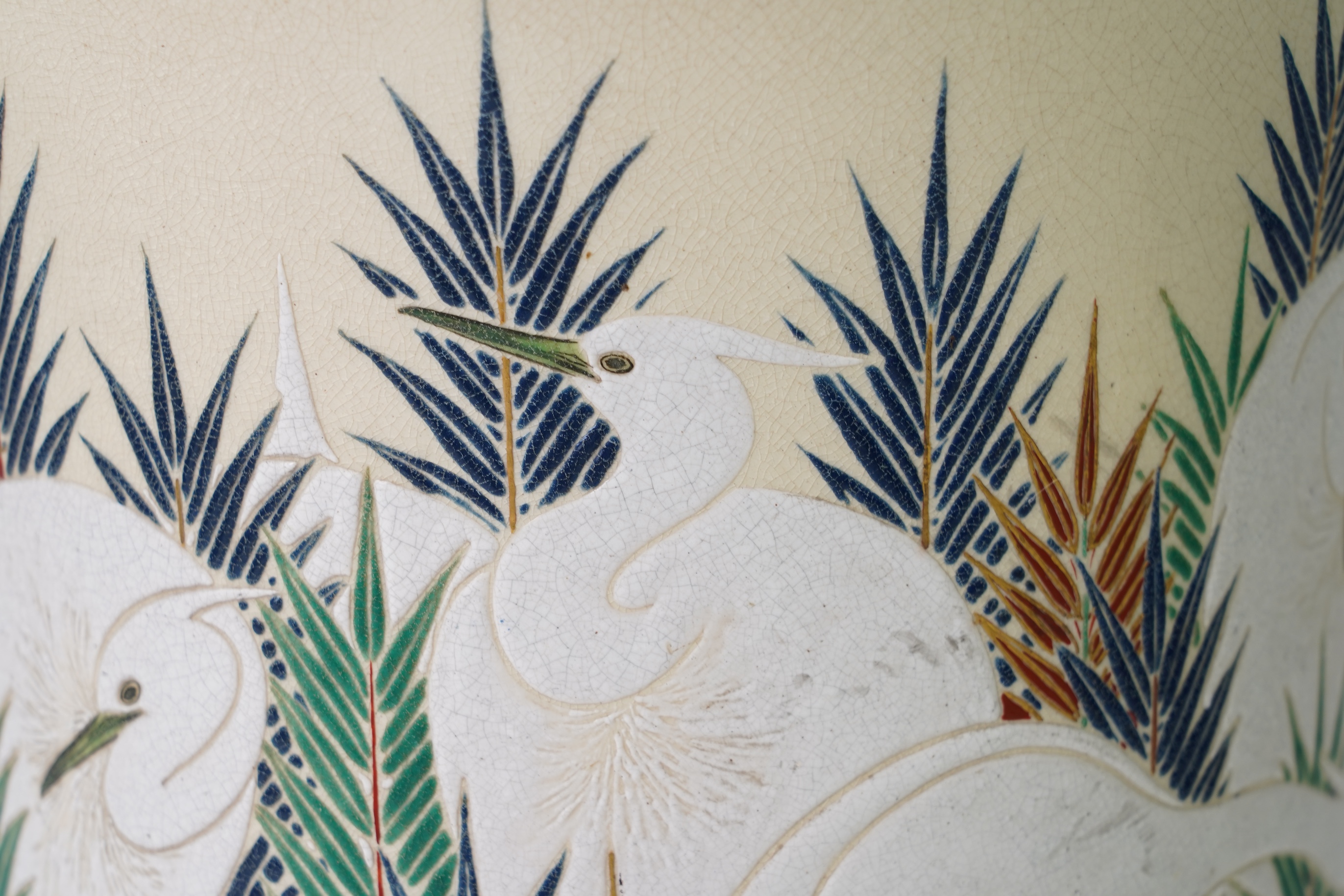 An exhibition size Japanese Satsuma ‘egrets’ vase, Meiji period, signed Tansai